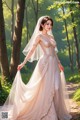 A woman in a wedding dress standing in the woods.