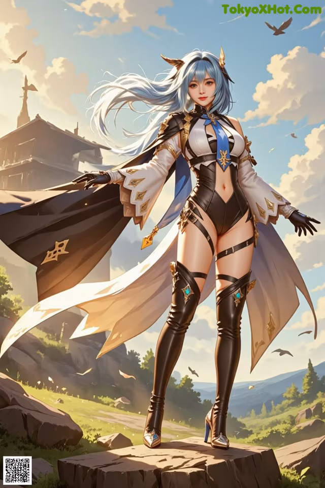 A woman in a black and white outfit standing on a rock.