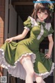 A woman in a green dress and white stockings posing for a picture.