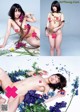 A naked asian woman laying on a bed of flowers.