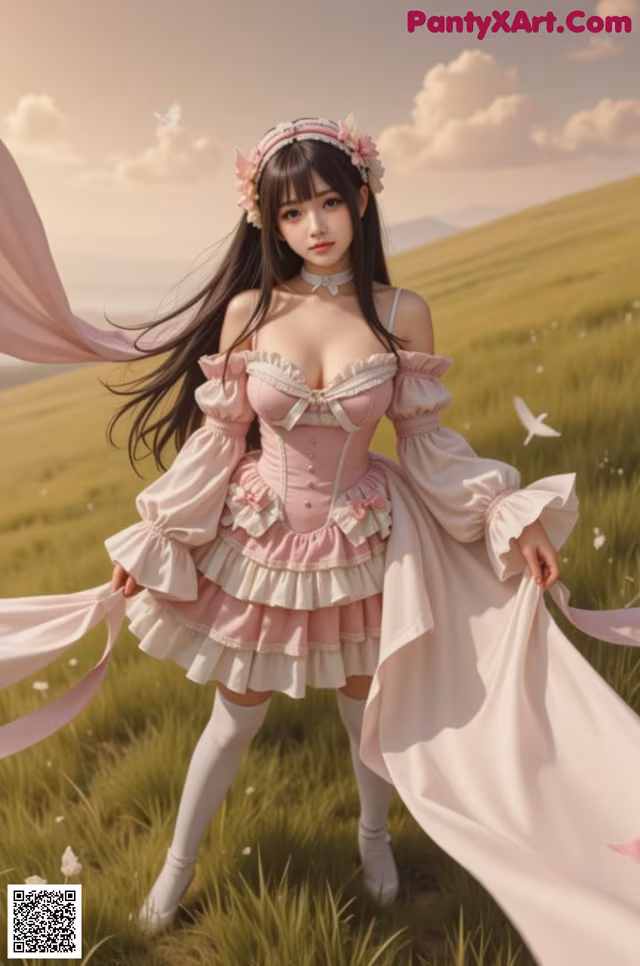 A woman in a pink dress standing in a field.