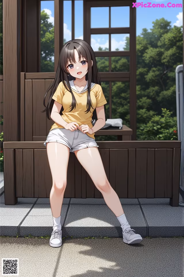 A girl in shorts and a yellow shirt is sitting on a bench.