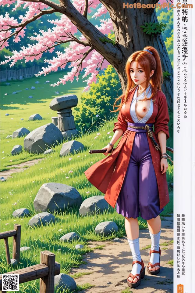 A woman stands outdoors with cherry blossoms and grass, wearing a red robe and purple skirt.