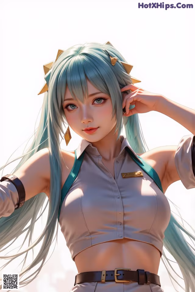 A woman with long blue hair wearing a white shirt and a brown belt.