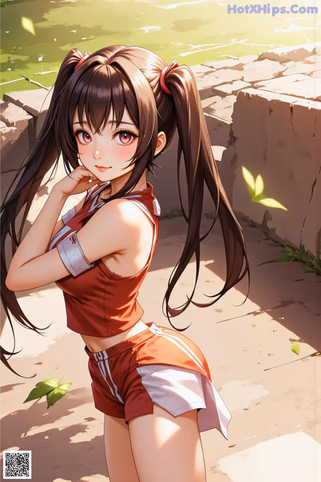 Anime girl with long brown hair wearing a red top and shorts.