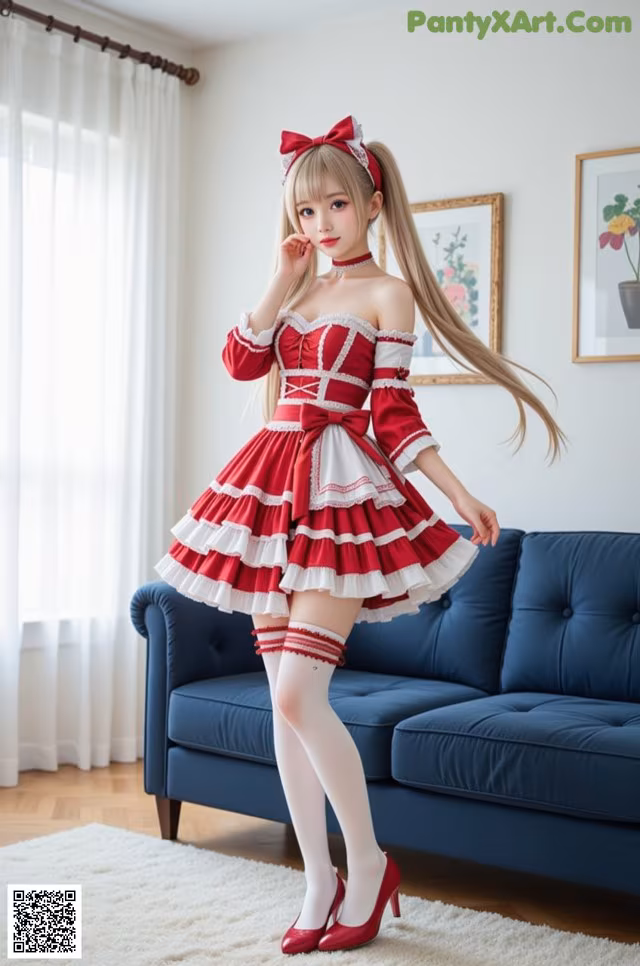 a woman in a red and white dress standing on a blue couch