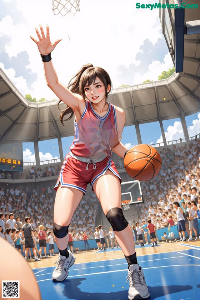 A woman in a basketball uniform holding a basketball in front of a crowd.