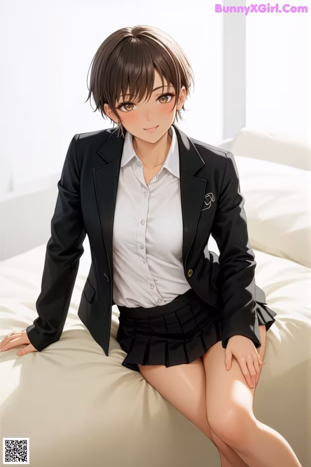A woman in a school uniform sitting on a bed.