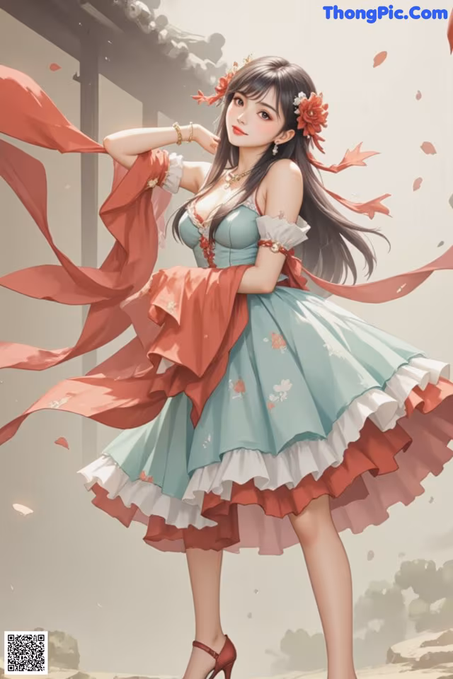 A woman in a blue dress with a red scarf.
