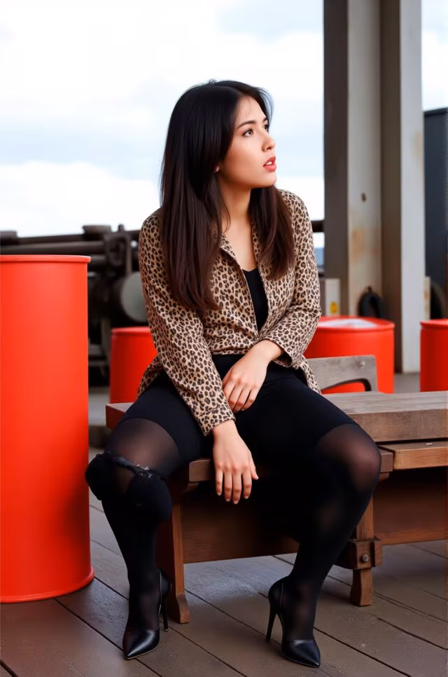 A woman sitting on a wooden bench wearing a leopard print jacket.