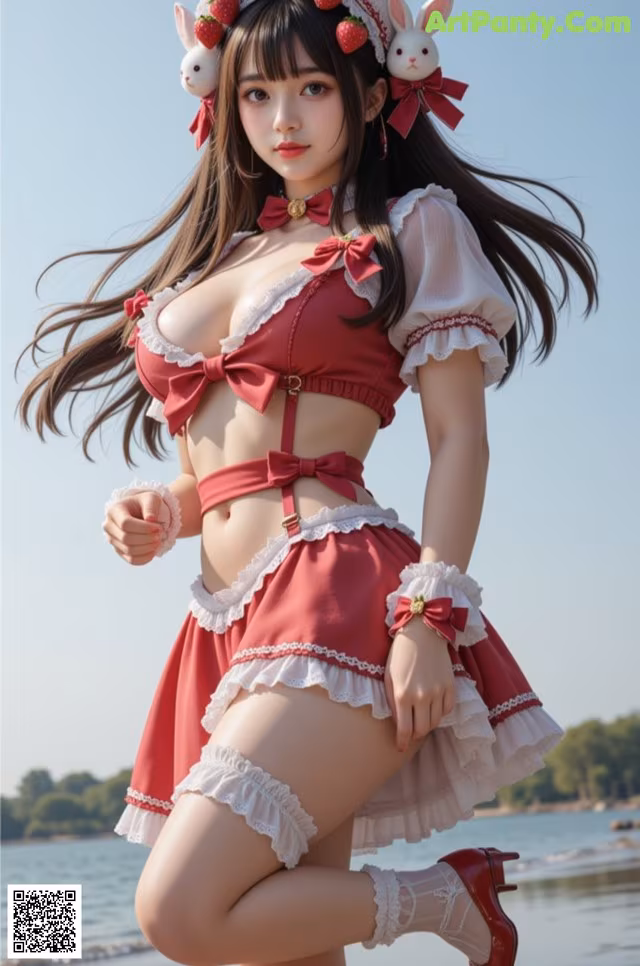 A woman in a red and white outfit posing on a beach.