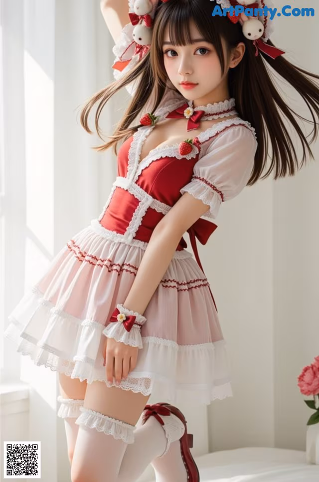 a woman in a red and white dress posing for a picture