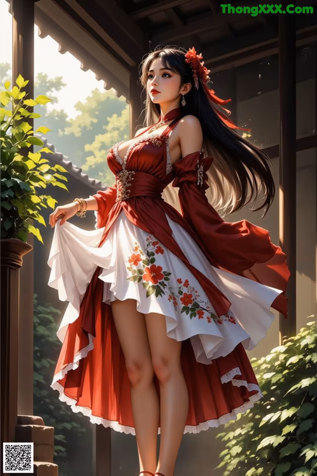 A woman in a red and white dress standing on a porch.